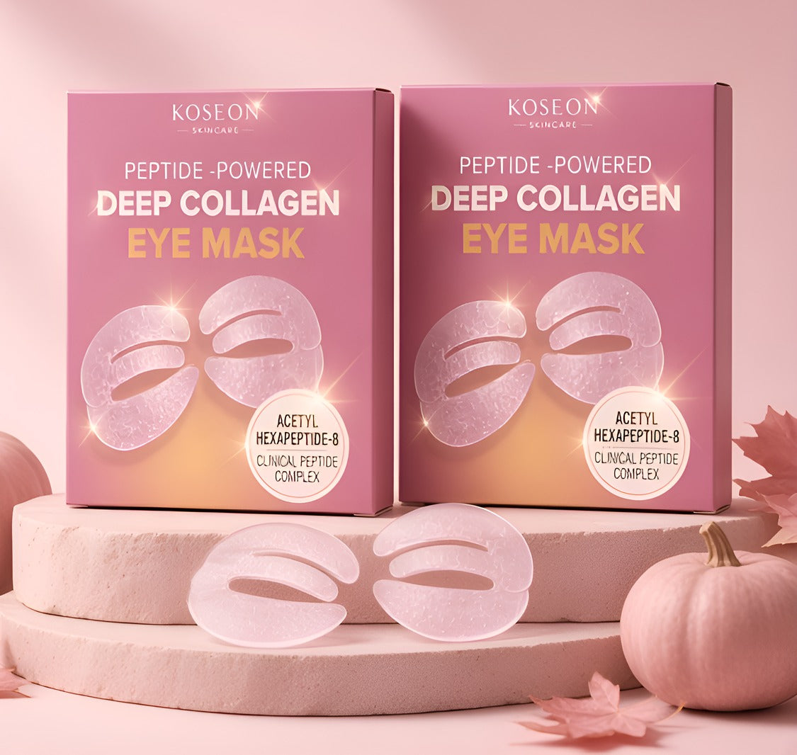 Two Koseon Deep Collagen Eye Mask boxes and a pair of gel masks on a pink stone set with soft pink pumpkins