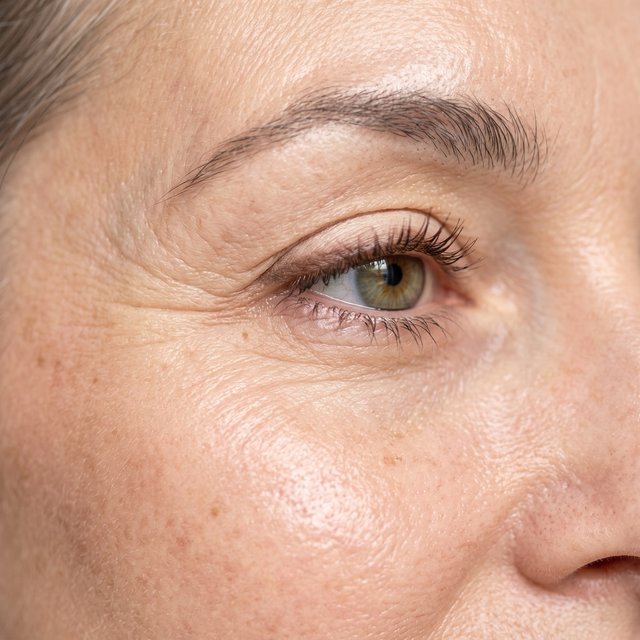 A dewy close-up of skin at the outer corner of the eye