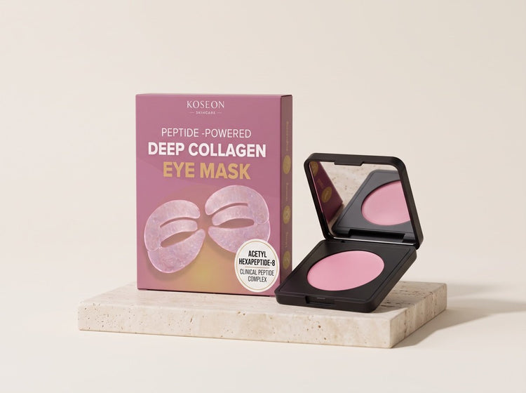 The pink Koseon eye mask box beside the open brightener compact