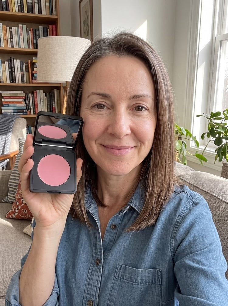 Sarah at home with the brightener on, holding the compact