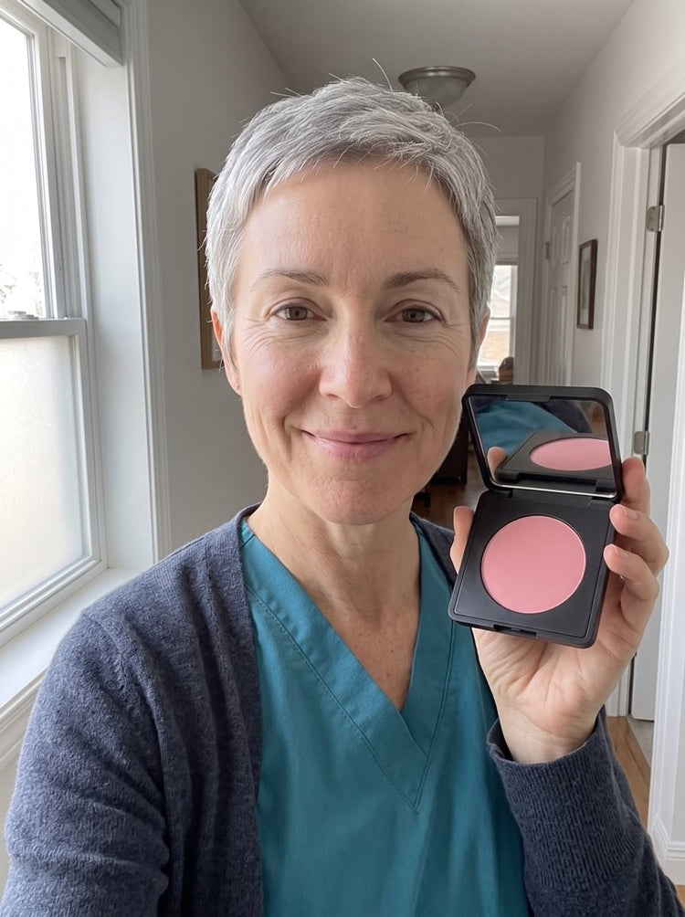Heidi A. at home with the brightener on, holding the compact