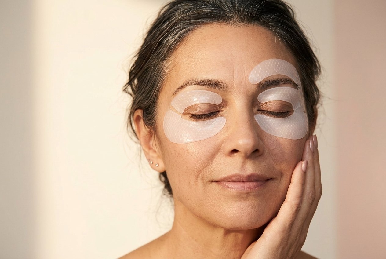 A woman in her fifties, eyes closed, wearing the white Koseon gel eye mask in warm window light