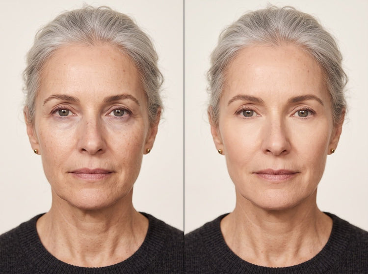 Split face: left under-eye with a blue-purple shadow, right under-eye brightened after one tap
