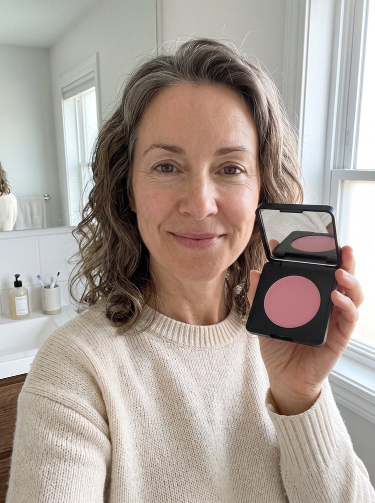 Mary K. at home with the brightener on, holding the compact