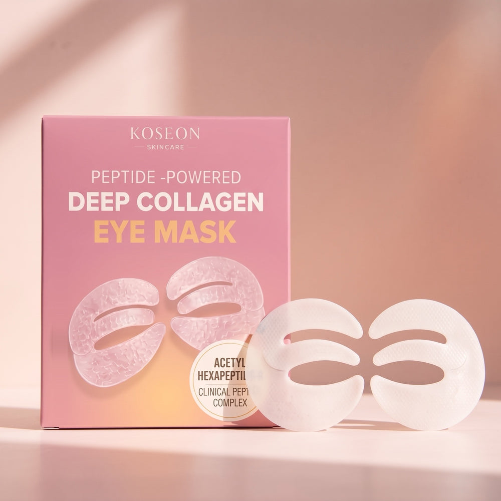 The pink Koseon Deep Collagen Eye Mask box with the white honeycomb masks