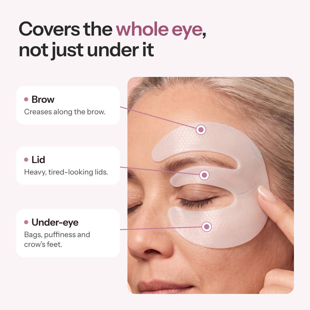 Covers the whole eye: the brow, lid and under-eye pieces on a woman's face