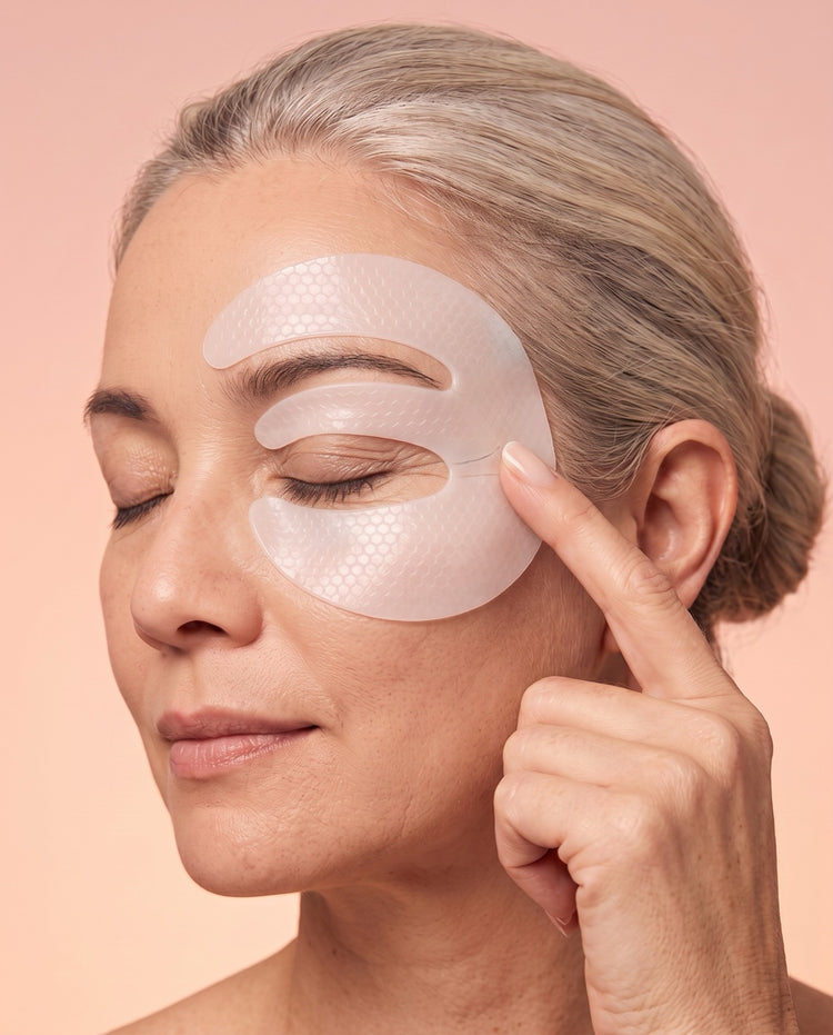 A woman with her eyes closed, wearing the one-piece mask