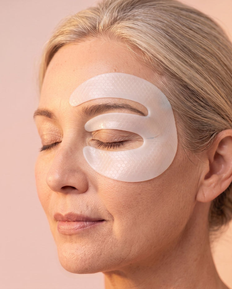 One eye wearing all three white pieces: a brow piece, a lid piece and an under-eye piece